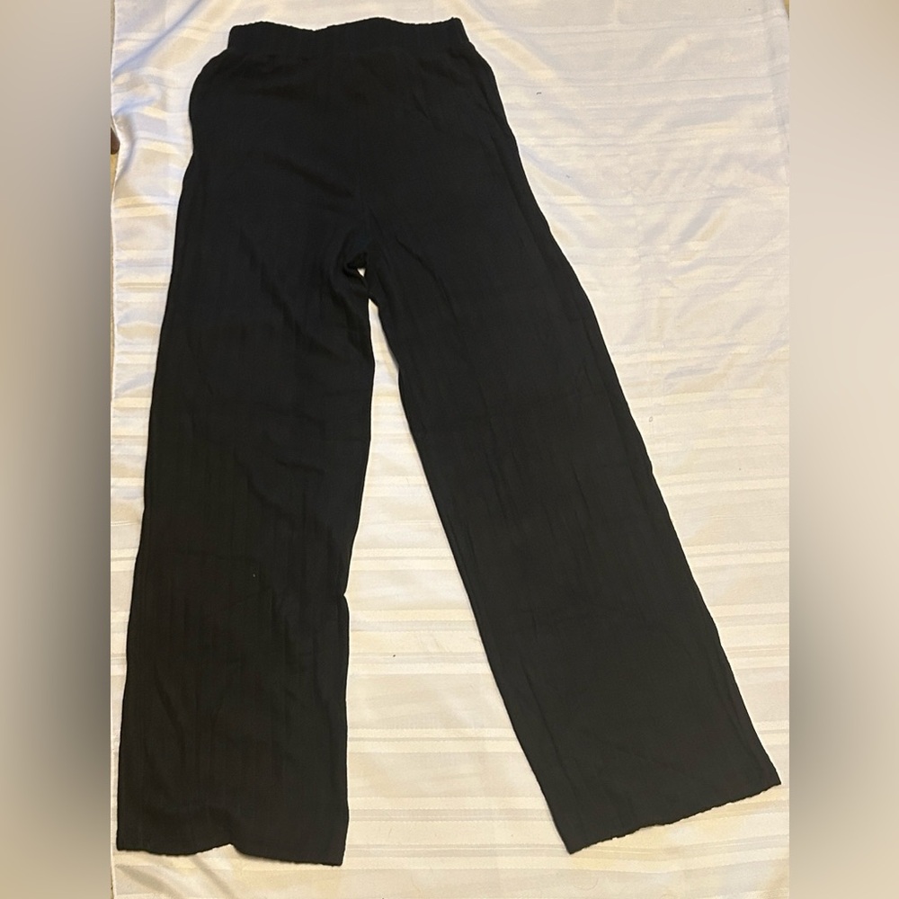 💥 Frenchy Solid Tie Front Ribbed Knit Baggy Grain Fabric Pants Winter Chic Black - Picture 6 of 15